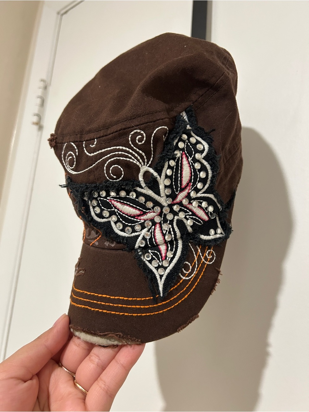 Distressed brown Y2K vintage embroidered cadet hat